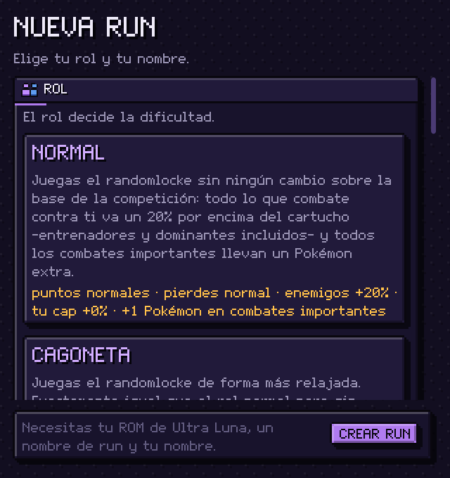 La ventana Nueva run: elige tu rol y tu nombre, con la descripción del rol Normal y sus modificadores