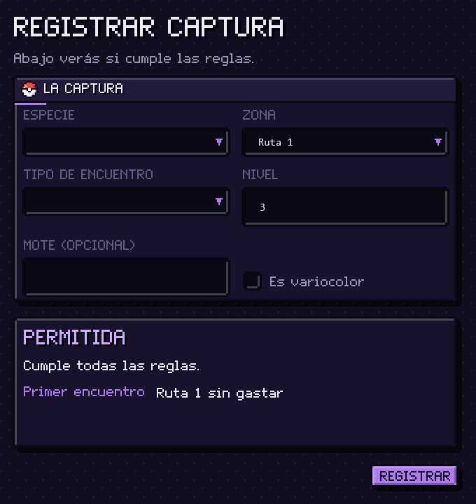 La ventana Registrar captura con el veredicto PERMITIDA: cumple todas las reglas, primer encuentro, Ruta 1 sin gastar